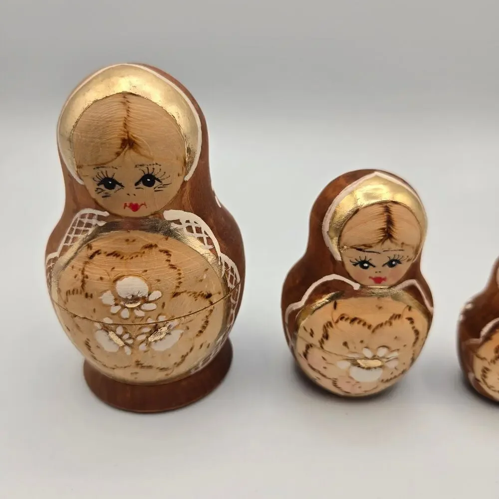5 Piece Russian Nesting Doll Set w/Gold Accents Hand Painted hand carved wood